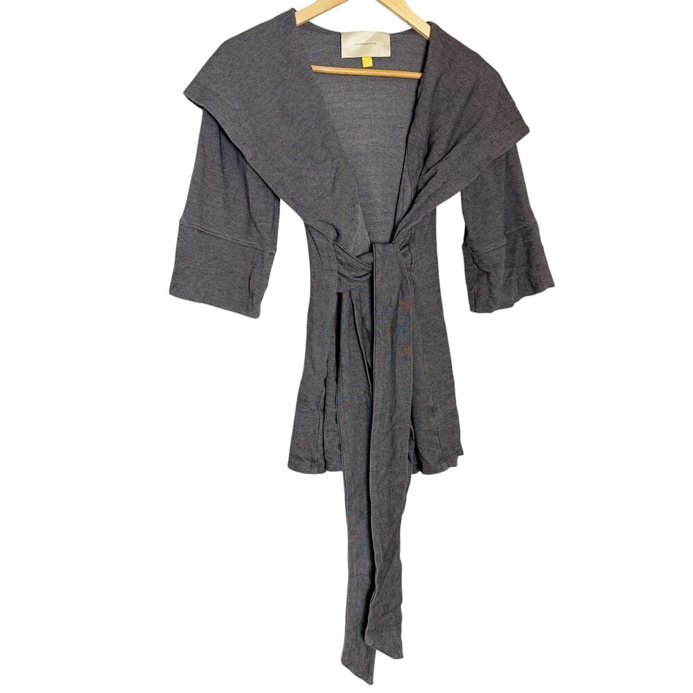 Leifsdottir Gray 3/4 Sleeve Hooded Open Shawl Front Belted Tie Waist Cardigan S